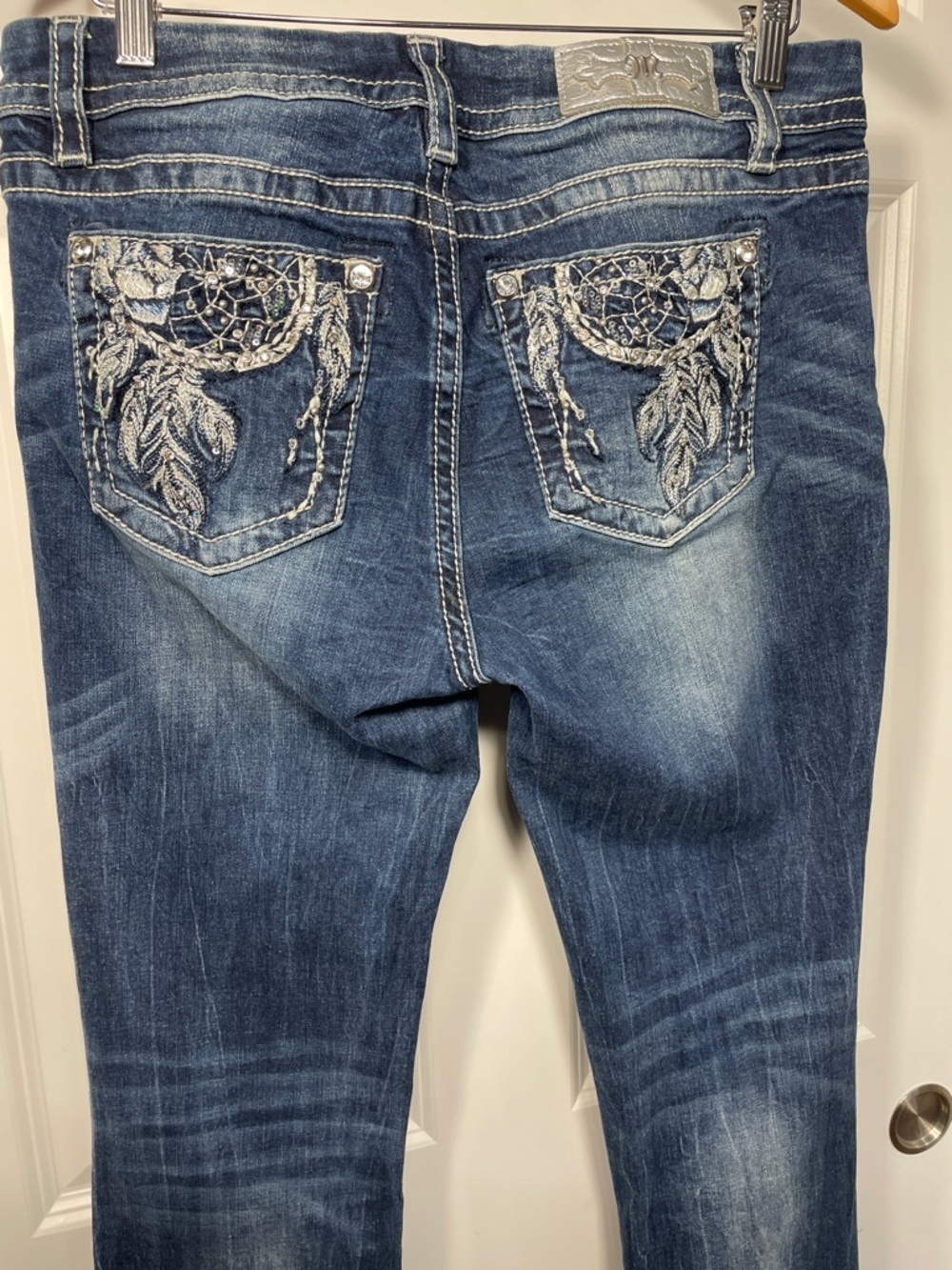Miss Me Mid Rise Easy Boot Jeans Size 30 Embellished Blue Embroidery Flare Leg